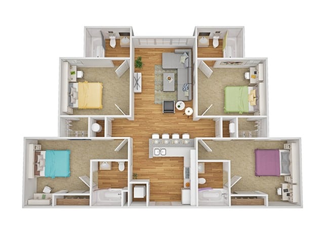 A 3D image of the 4BR/4BA – C floorplan, a 1206 squarefoot, 4 bed / 4 bath unit