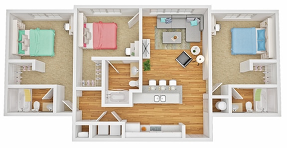 A 3D image of the 3BR/3BA floorplan, a 1233 squarefoot, 3 bed / 3 bath unit