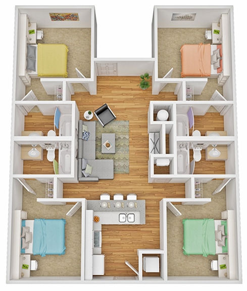 A 3D image of the 4BR/4BA – B floorplan, a 1242 squarefoot, 4 bed / 4 bath unit