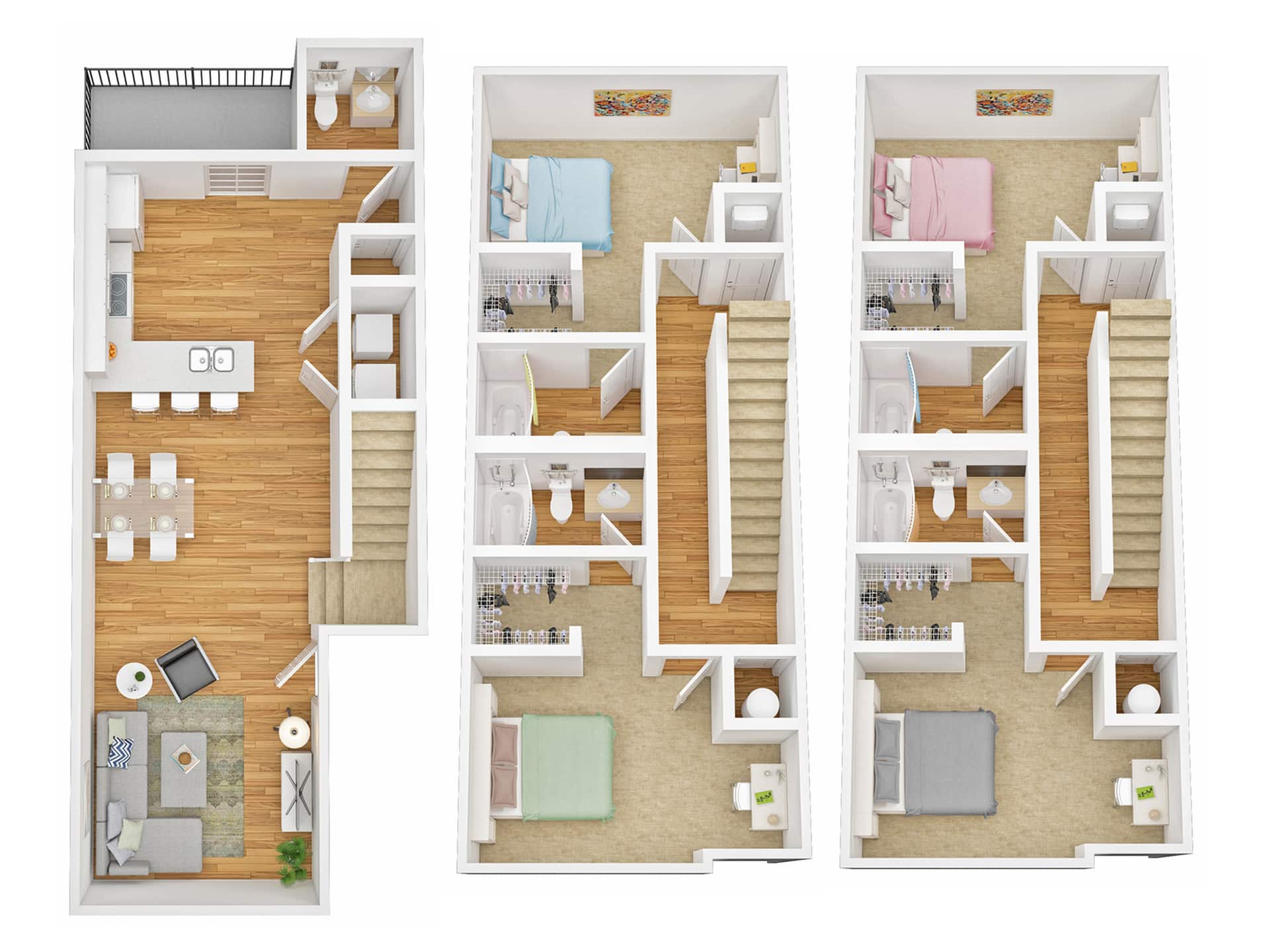 A 3D image of the 4BR/4BA – Town B floorplan, a 1912 squarefoot, 4 bed / 4 bath unit