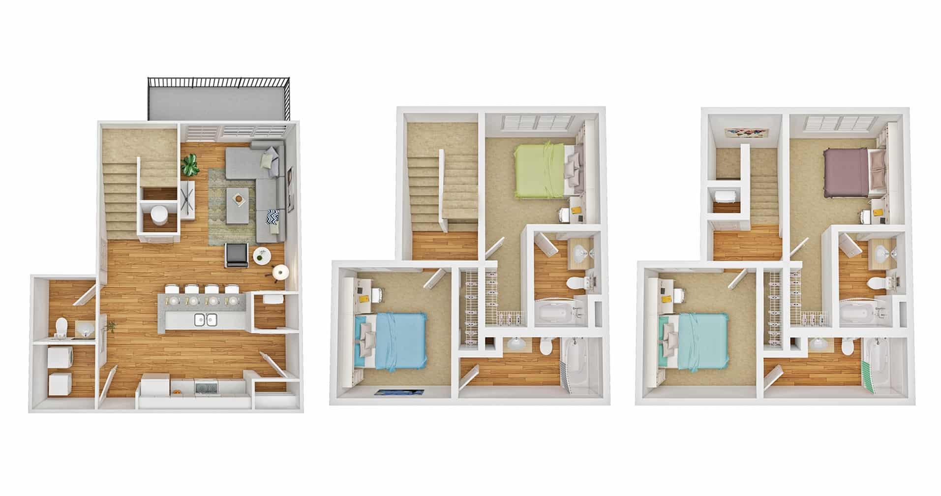 A 3D image of the 4BR/4BA – Town A floorplan, a 1688 squarefoot, 4 bed / 4 bath unit