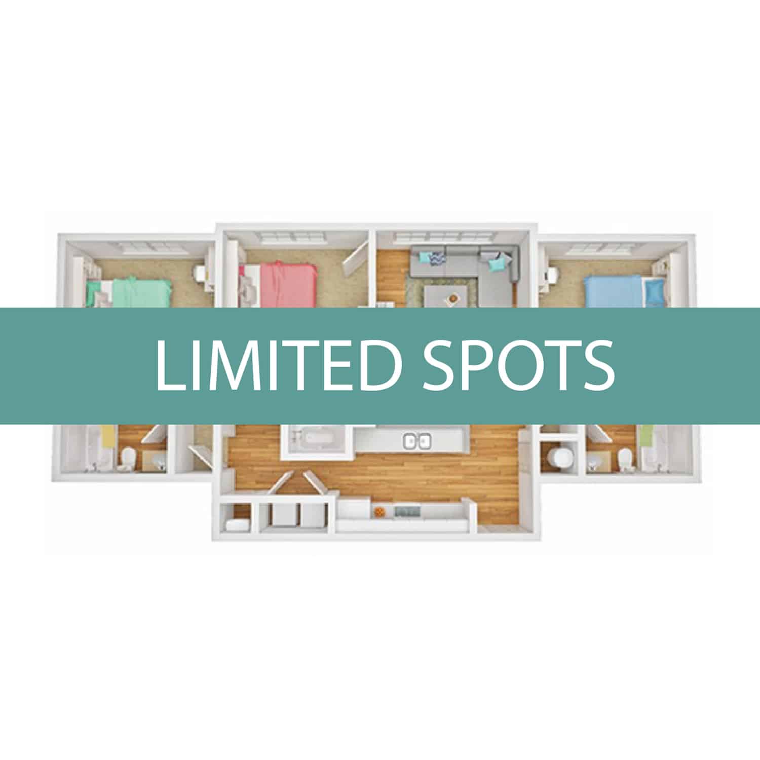 A 3D image of the 3BR/3BA floorplan, a 1233 squarefoot, 3 bed / 3 bath unit
