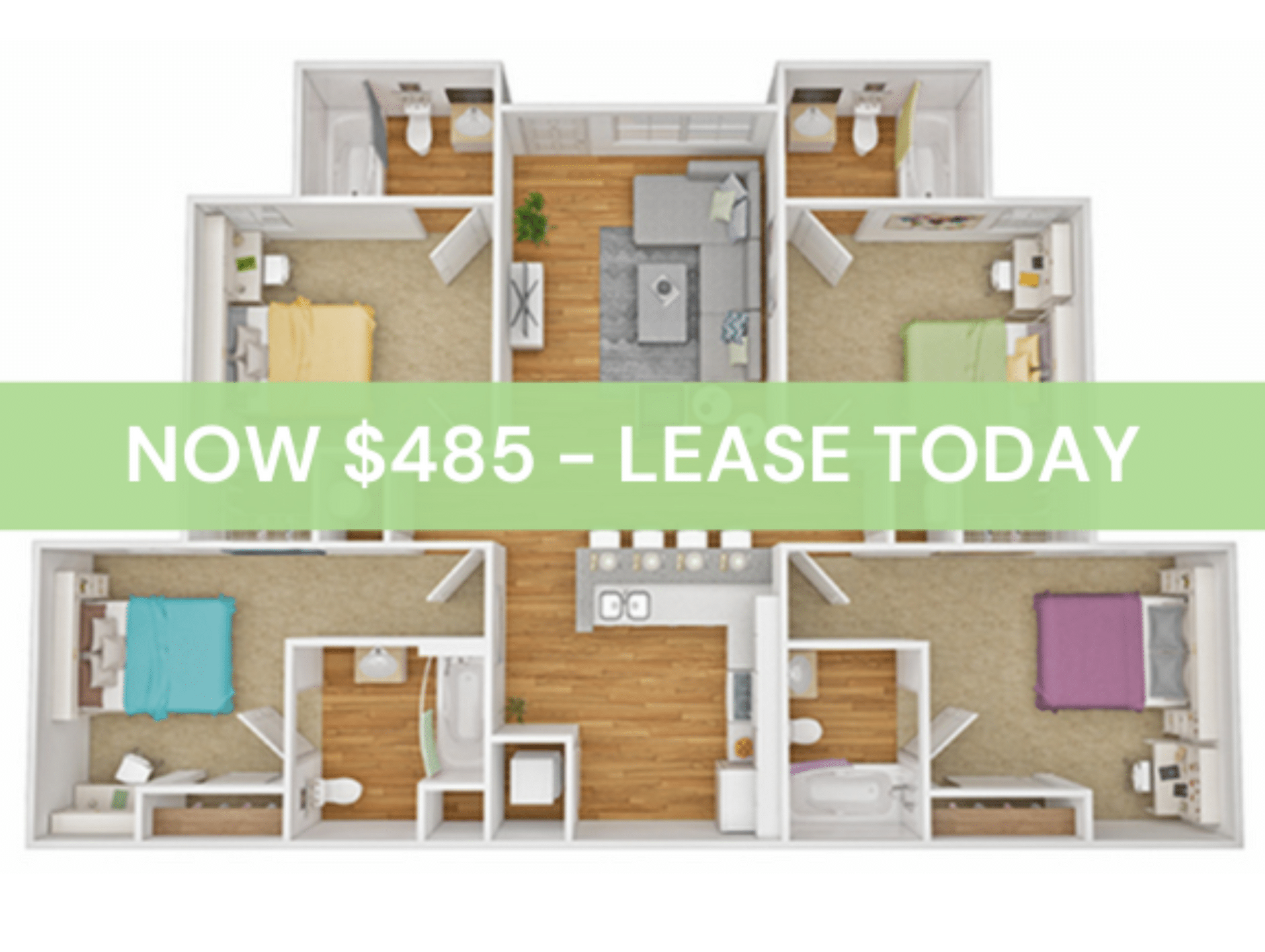 A 3D image of the 4BR/4BA – A floorplan, a 1210 squarefoot, 4 bed / 4 bath unit