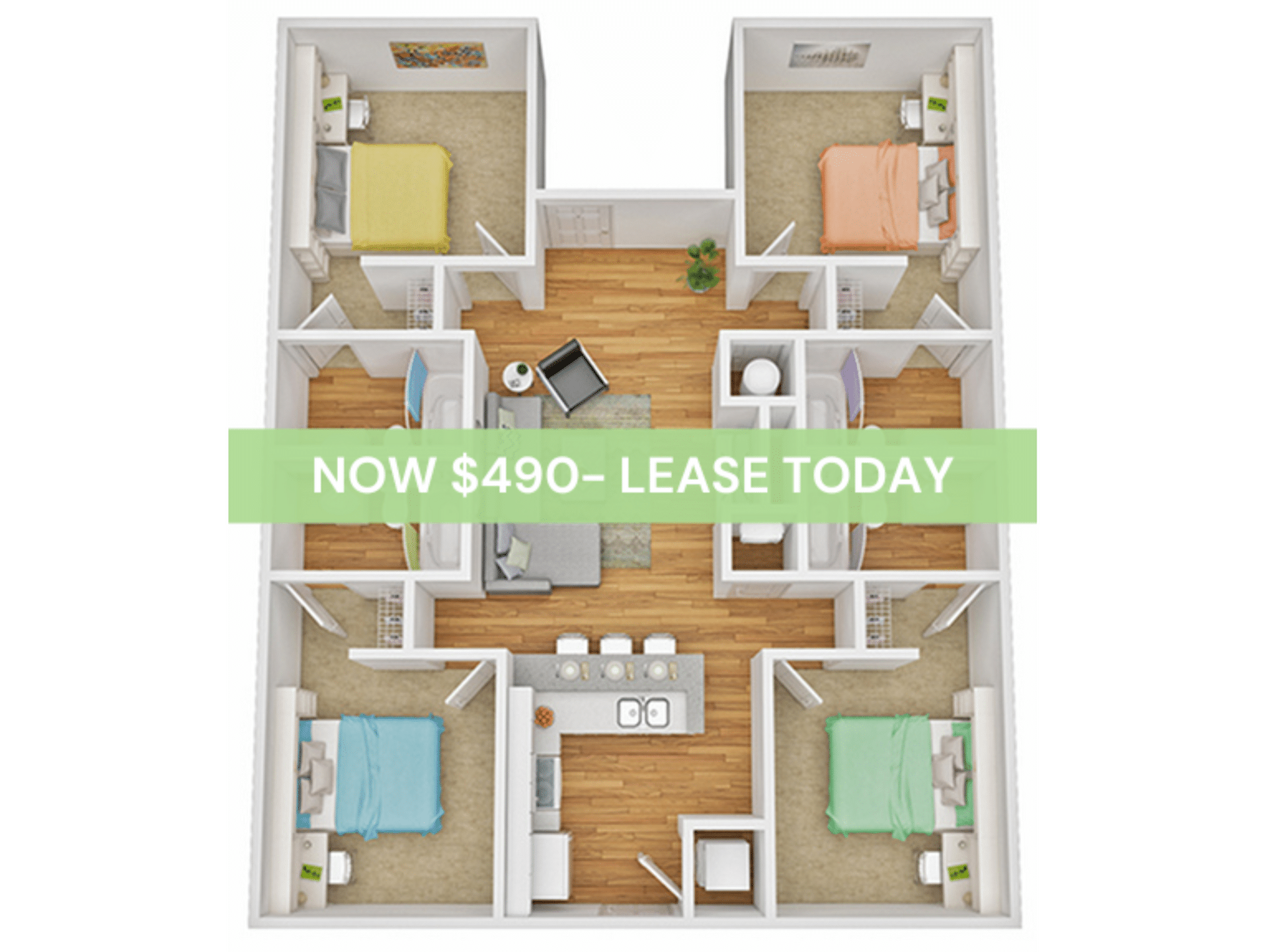 A 3D image of the 4BR/4BA – B floorplan, a 1242 squarefoot, 4 bed / 4 bath unit