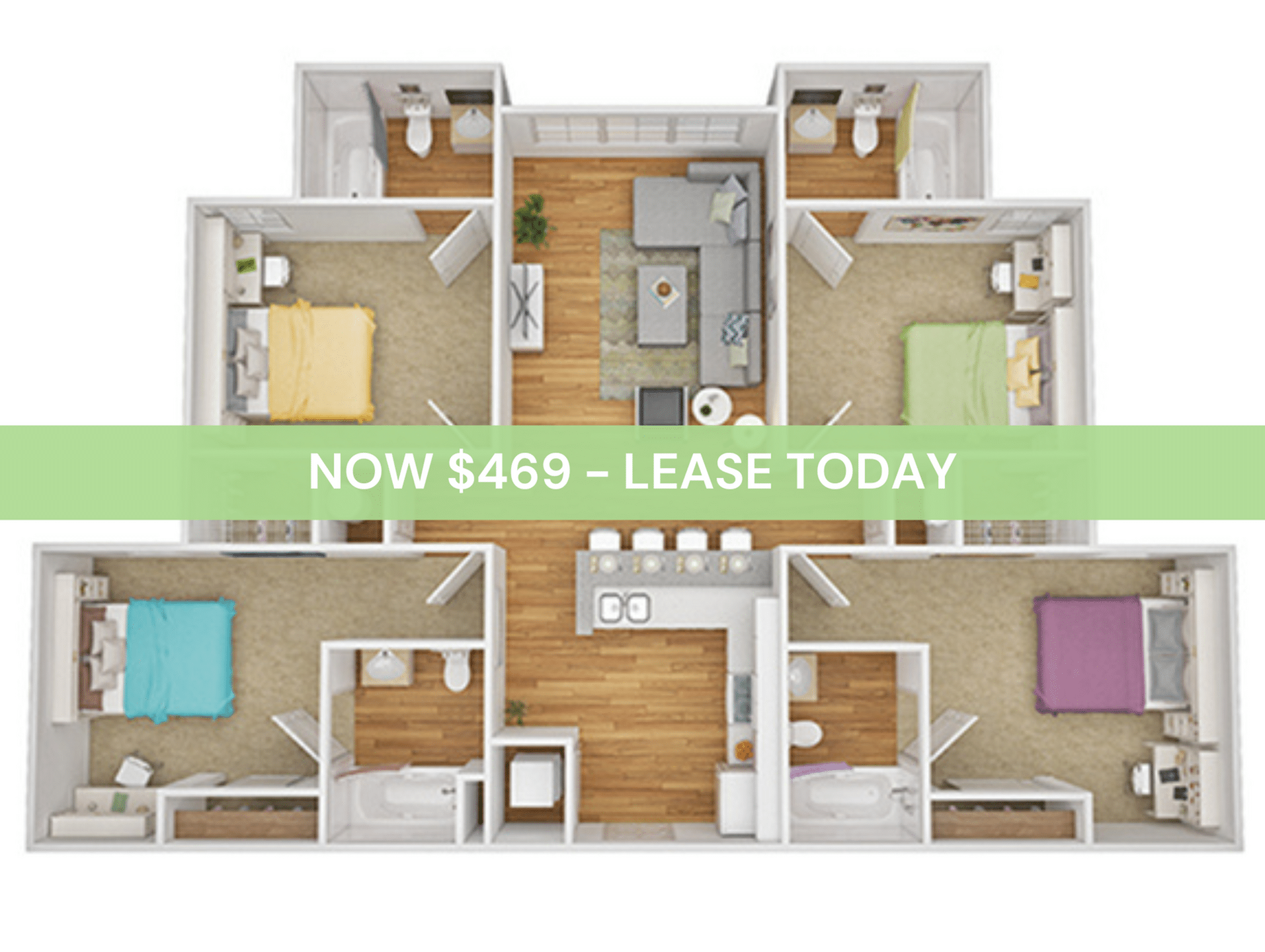 A 3D image of the 4BR/4BA – C floorplan, a 1206 squarefoot, 4 bed / 4 bath unit