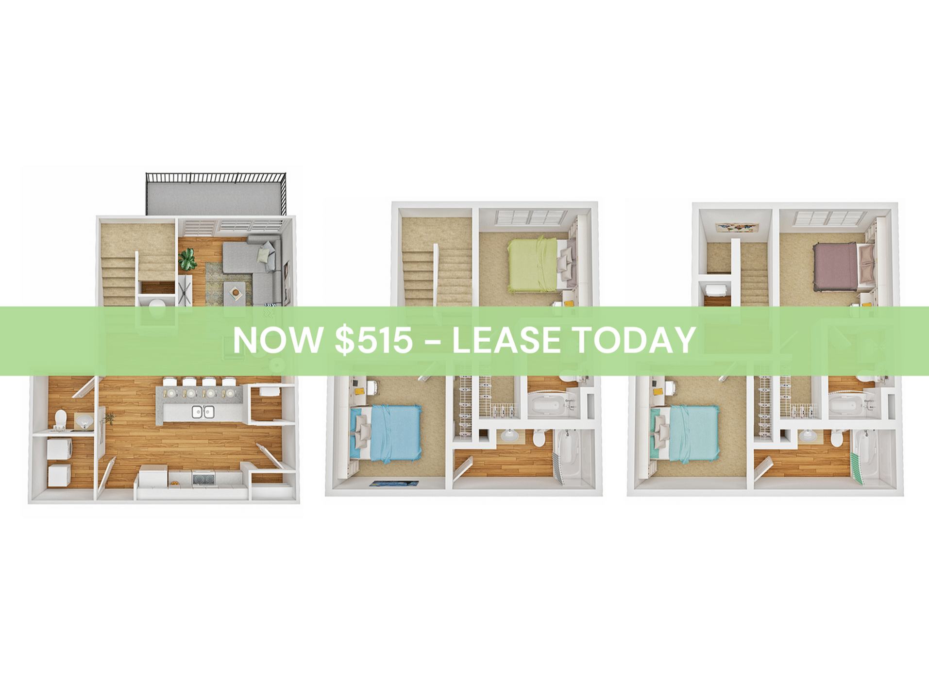 A 3D image of the 4BR/4BA – Town A floorplan, a 1688 squarefoot, 4 bed / 4 bath unit