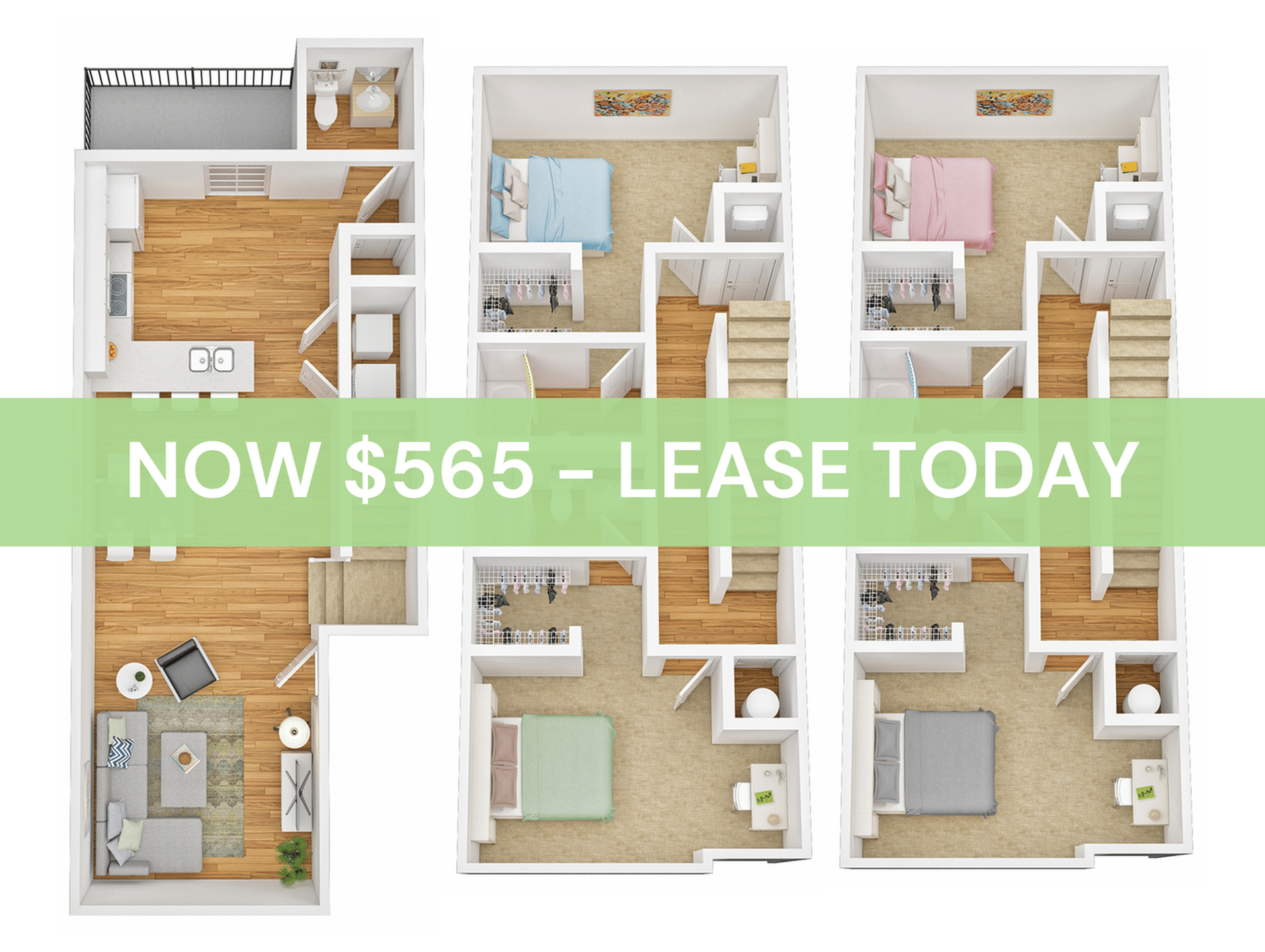 A 3D image of the 4BR/4BA – Town B floorplan, a 1912 squarefoot, 4 bed / 4 bath unit