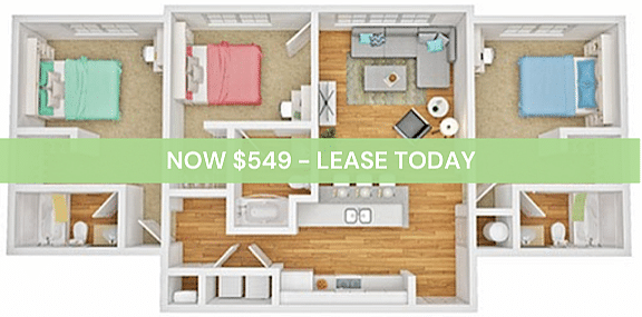 A 3D image of the 3BR/3BA floorplan, a 1233 squarefoot, 3 bed / 3 bath unit