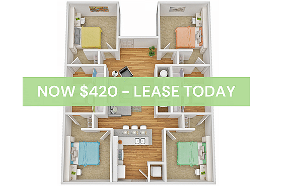A 3D image of the 4BR/4BA – B floorplan, a 1242 squarefoot, 4 bed / 4 bath unit