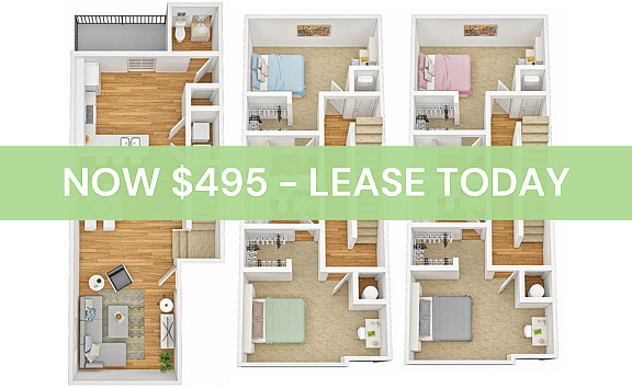 A 3D image of the 4BR/4BA – Town B floorplan, a 1912 squarefoot, 4 bed / 4 bath unit
